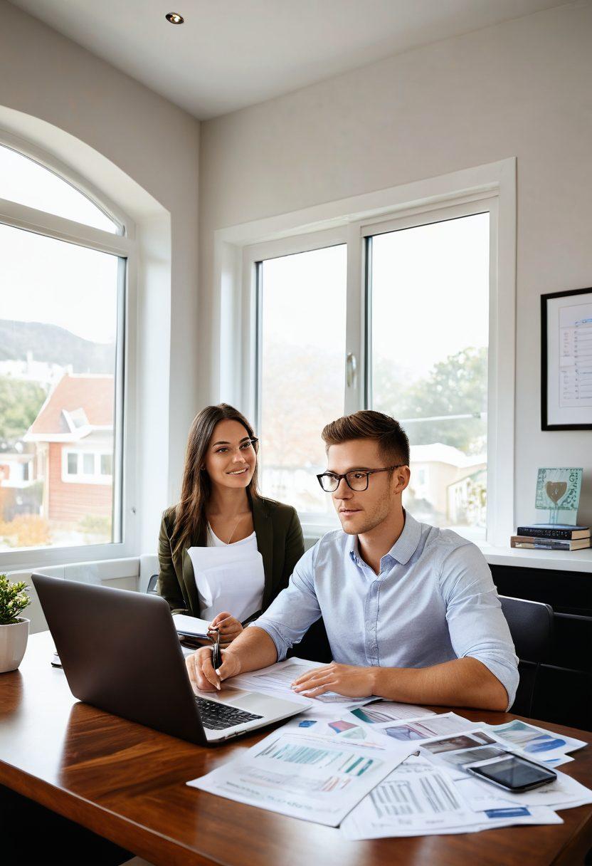 A confident young adult examining various insurance documents, surrounded by symbols of financial protection like a shield, house, and car. Bright sunlight streaming through a window, illuminating the space filled with modern technology and a laptop displaying financial charts. Lively colors to depict optimism and security, combined with soft furnishings for a cozy feel. super-realistic. vibrant colors. white background.