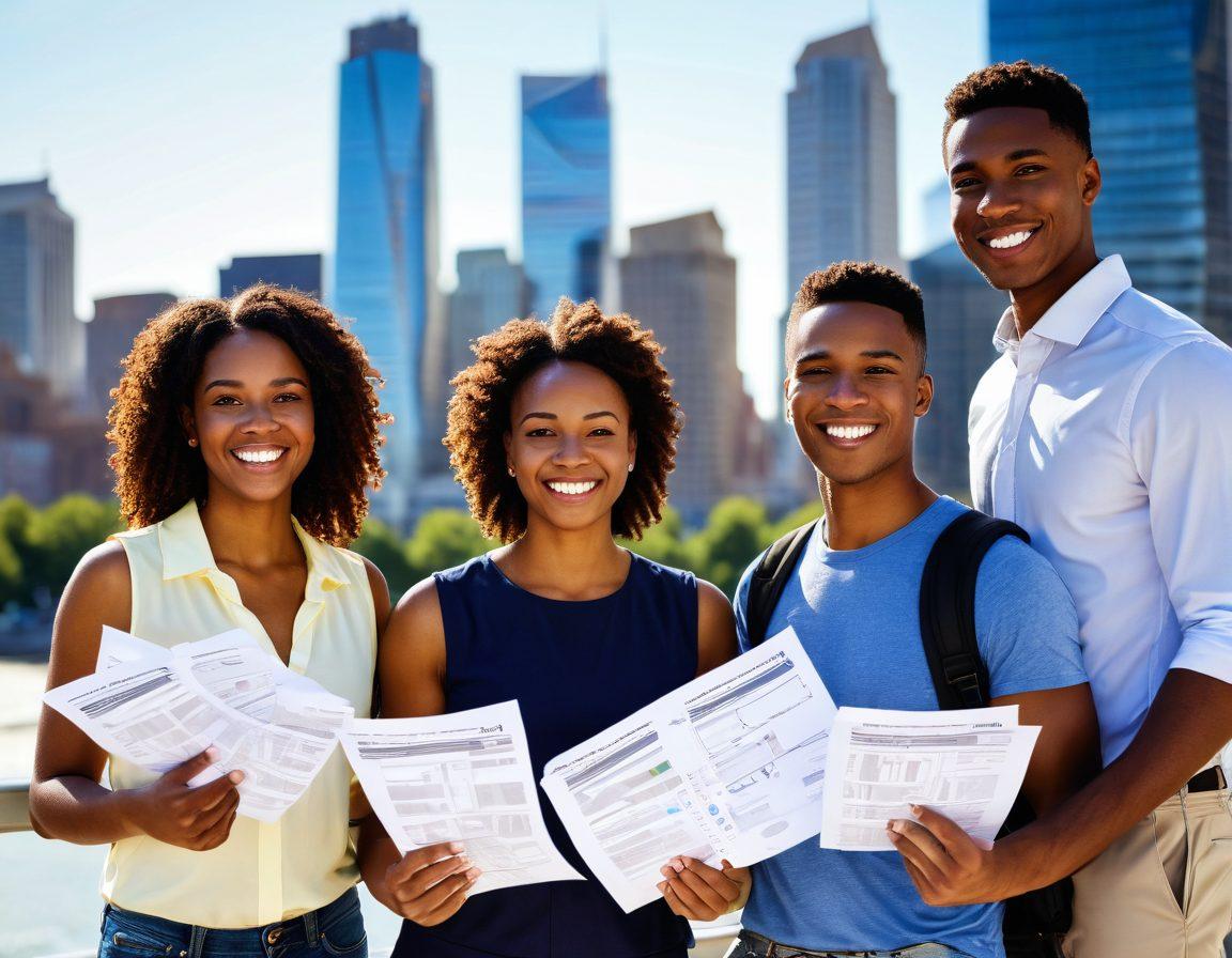 A diverse group of young Americans, smiling and looking empowered, holding various insurance documents while standing in front of a modern city skyline. They are engaged in a discussion, symbolizing community support and advice sharing. The atmosphere is optimistic, with bright sunlight illuminating the scene, emphasizing a sense of security and future planning. vibrant colors. super-realistic.
