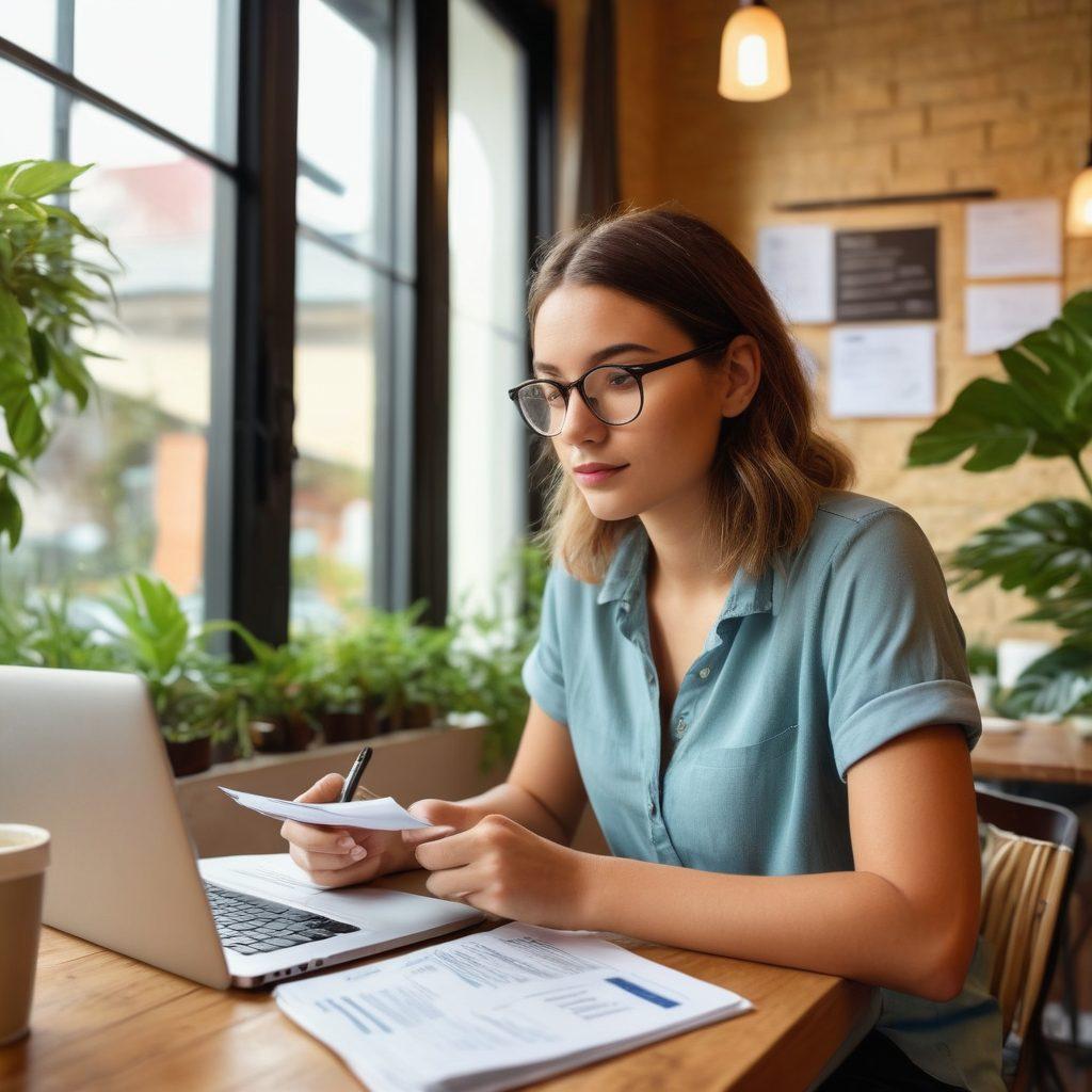 A young adult thoughtfully reviewing insurance documents at a cozy, modern café with a laptop open, surrounded by plants and a cup of coffee. The atmosphere conveys security and hope for the future, with subtle infographics about insurance behind them. Soft natural light enhances the inviting mood. super-realistic. vibrant colors. cozy setting.